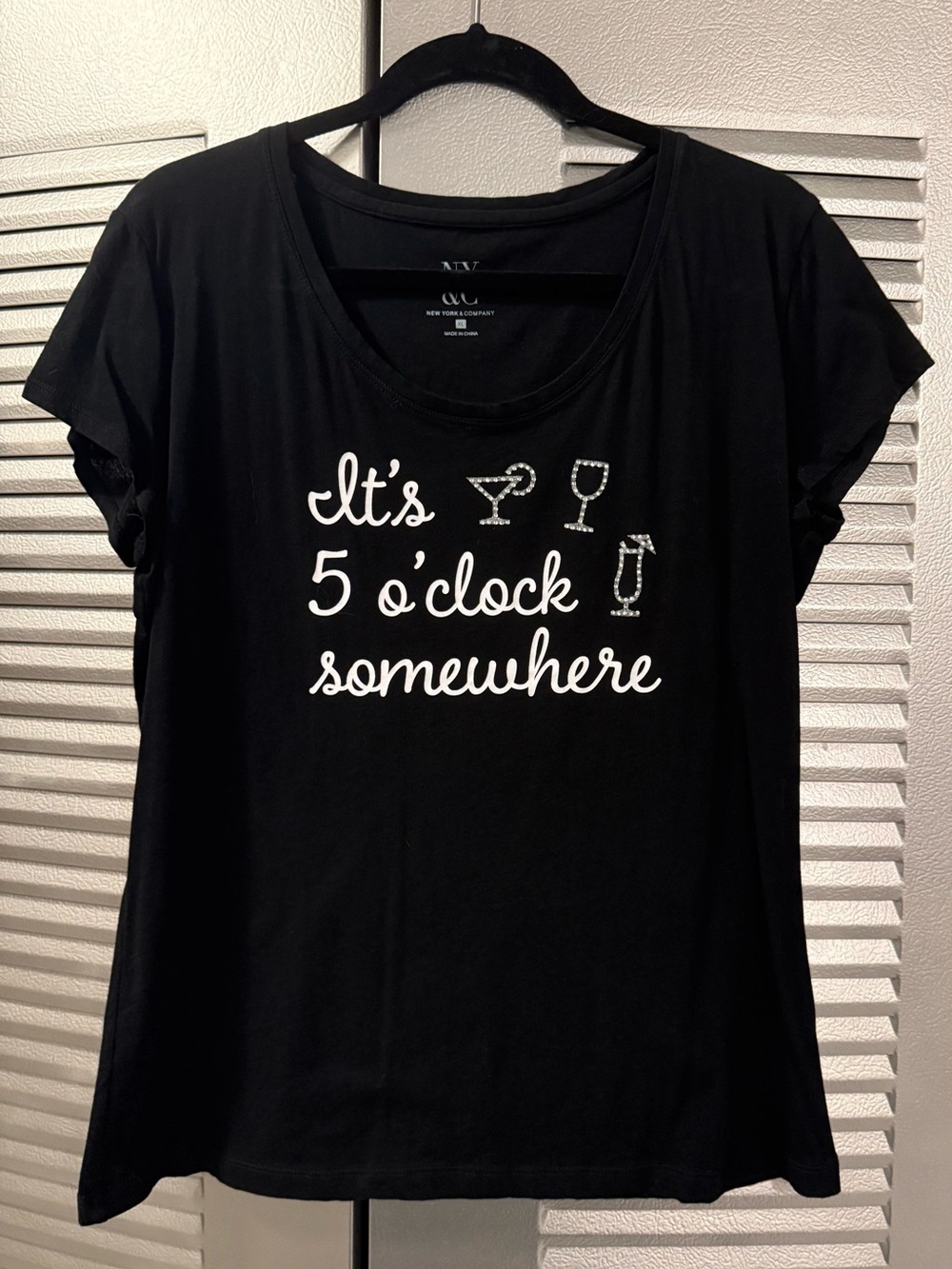 New York & Company Black Graphic Tee with Rhinestone Drink Icons